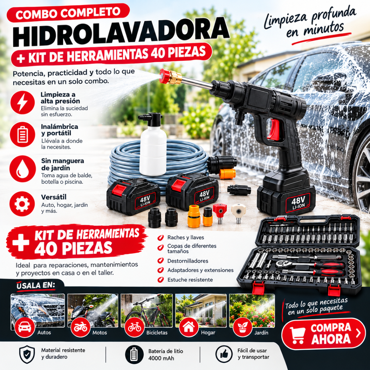 Combo Fuerza Total™– Hidrolavadora Inalámbrica + Kit raches 40pcs regalo