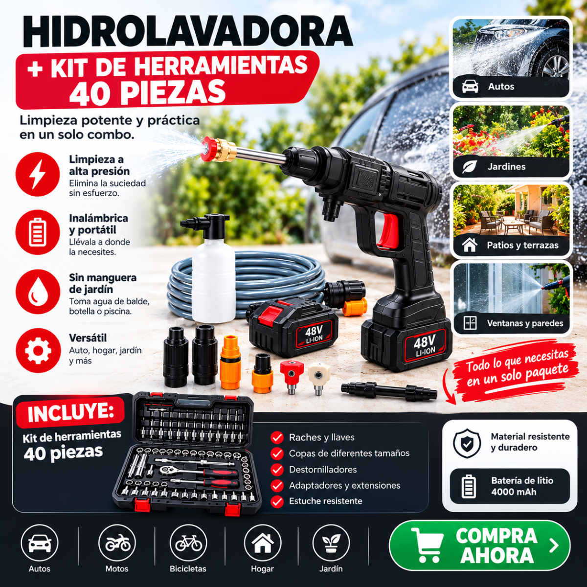 Combo Fuerza Total™– Hidrolavadora Inalámbrica + Kit raches 40pcs regalo