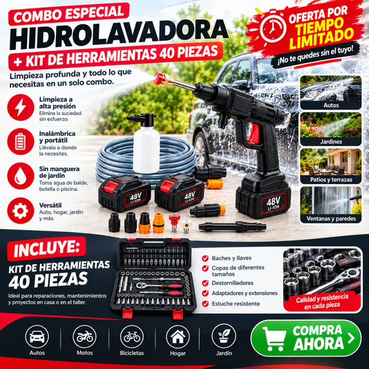 Combo Fuerza Total™– Hidrolavadora Inalámbrica + Kit raches 40pcs regalo