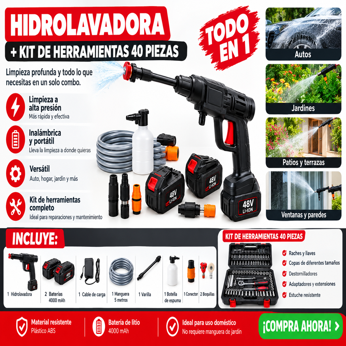 Combo Fuerza Total™– Hidrolavadora Inalámbrica + Kit raches 40pcs regalo
