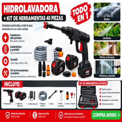 Combo Fuerza Total™– Hidrolavadora Inalámbrica + Kit raches 40pcs regalo